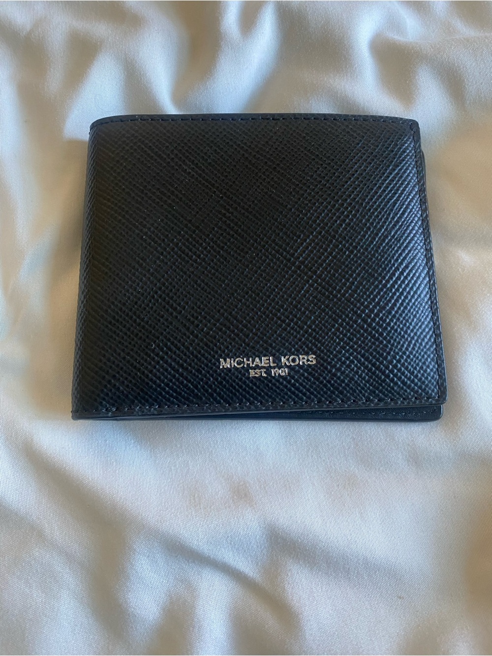 Michael Kors Black Saffiano Leather Bi-Fold Wallet with Silver Logo